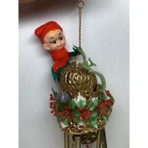 Vintage Christmas Pixie Elf Mistletoe Metal Bell Wind Chimes W/box Holiday Decor